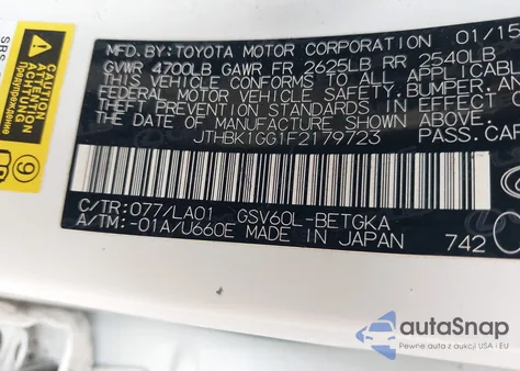 2015 Lexus Es 350 из США, поврежденный, VIN JTHBK1GG1F2179723